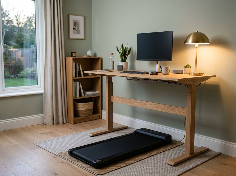 Standing desk raised over a walking pad in a home office