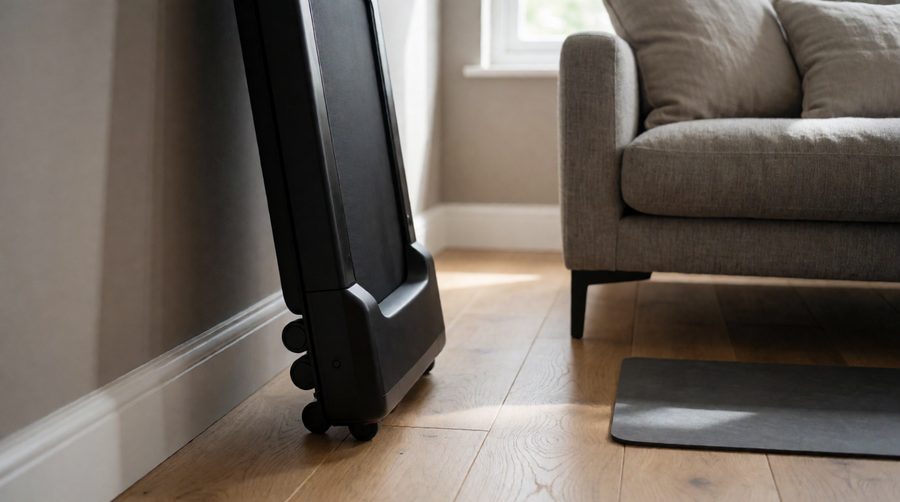 A low-cost walking pad stood upright against a wall next to a sofa, with a floor mat